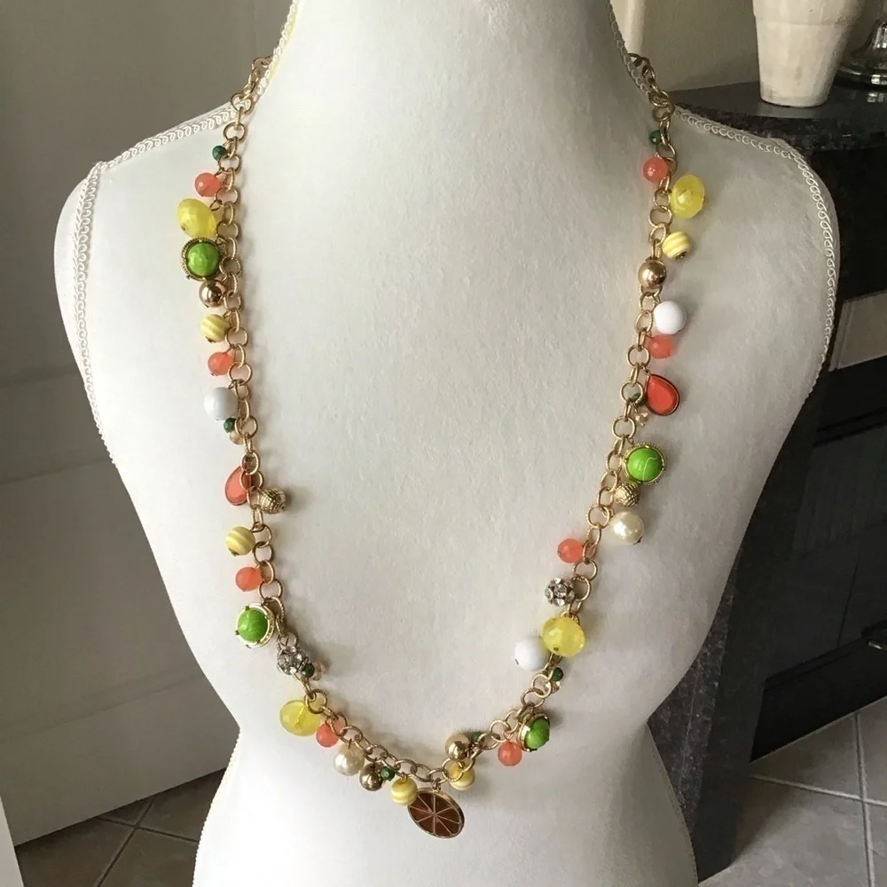Citrus Baubles Necklace Orange Yellow White Green Gold Tone Beads Florida FL 35”